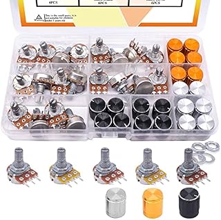Taiss 60PCS Potentiometer Kit B5K 10K 20K 50K 100K Ohm Linear Taper Rotary Audio B Type Potentiometer with Nuts, Washers and 3 Different Colors of Aluminum Alloy knobs F029