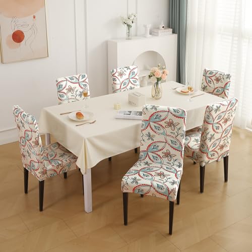 Image of HOKIPO Premium Printed Velvet Dining Chair Cover Set of 6, Beige Persian Garden (AR-5794-D9*6)