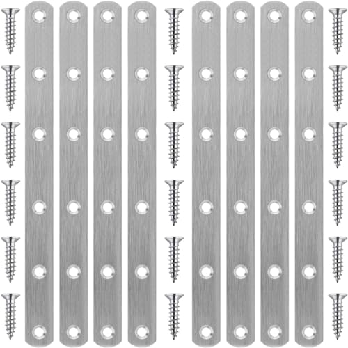 Image of 8 Pack Flat Straight Brace Brackets, 8 Inch Stainless Steel Mending Plates Repair Fixing Brackets Heavy Duty Straight Repair Joining Plates for Wood with Screws