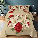 Genérico Edredón 4 Estaciones Elegante Romántico Flores Forma De Corazón, Edredón Nórdico Reversible Beige Sin Funda Suave Ligero - Juego de Cama Lavable a Máquina 220 x 240 cm + 2 Fundas de Almohada