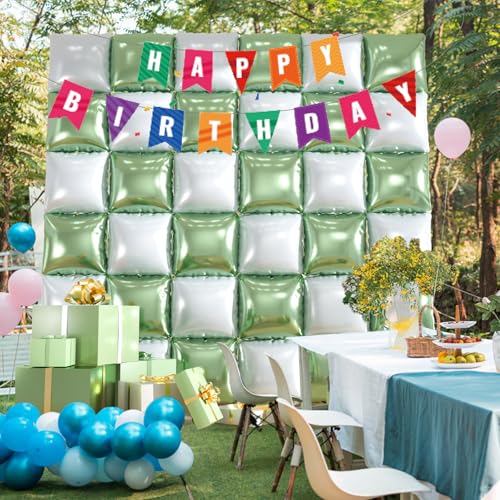 36pcs Sage Green & White Square Foil Balloons - Double-Sided Mylar Balloon Backdrop Kit for Birthdays, Graduation 2026, New Year, Photo Booth Decor (9.5ft x 9.5ft Checkered Wall/Tunnel) by ZizasAry - Image 4