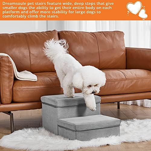 Dog Stairs, DREAMSOULE 2 Steps Dog Stairs Extra Wide Foldable Pet Steps with Storage, Pet Ramp Pet Ladder Best for Small to Large Pets (Velvet+Grey)