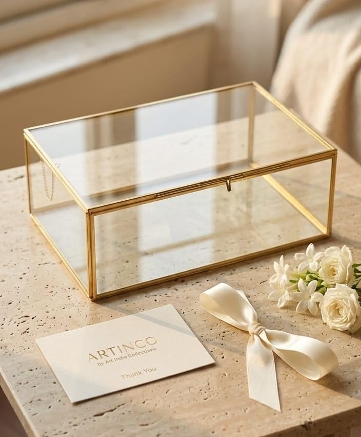 Image of Art India Collections Glass Jewelry Box with Brass Frame, Handmade Storage Box, 11x7x4 inches, Gold