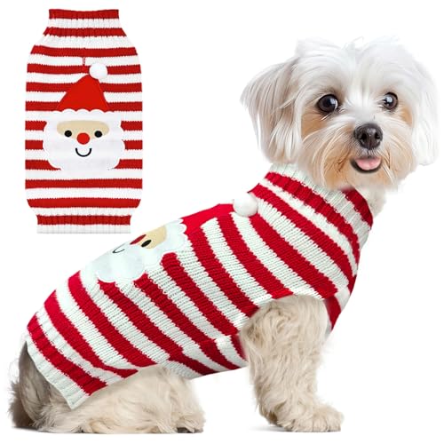 ABRRLO Dog Christmas Sweater Cute Striped Santa Xmas Dog Cat Outfit New Year Holiday Costumes Puppy Cat Sweater with Leash Hole for Small Medium Large Dogs Girl Boy Turtleneck Winter Warm Pet Clothes