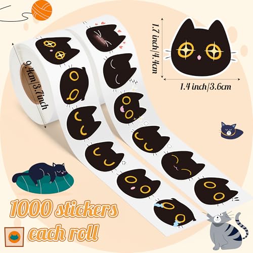 Image of Black Cat Stickers Rolls - 1000 Pcs Black Cat Head Memes Waterproof Vinyl Reusable Laptop Stickers Coloring Book Scrapbook Water Bottle Page Activity Pad Birthday Party Favors Gift Skateboard