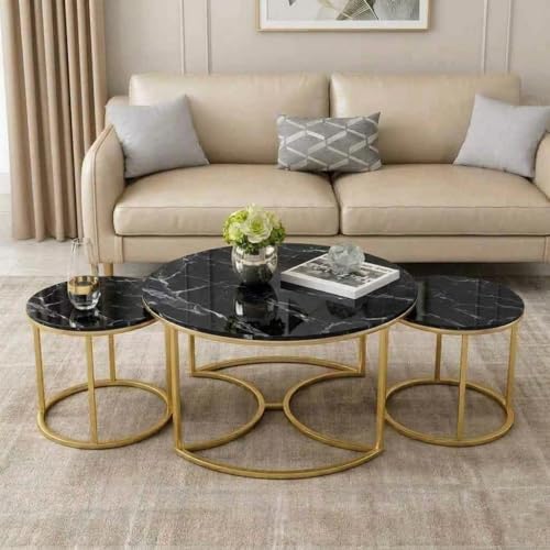 Image of 3 Piece Living Room Set - 1 Center Table and 2 End Nesting Tables, Round Stacking Coffee Side for Small Space, Nightstand Bedside Black and Golden