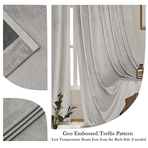 Gray Velvet Blackout Curtain Panels 60%-70% Room Darkening Window Treatment Drape Sets Rod Pocket Back Tabs Geo Embossed Trellis Pattern, For Living Room, Bedroom, Nursury, Kids Room, 52"X95"X2 #TOP4