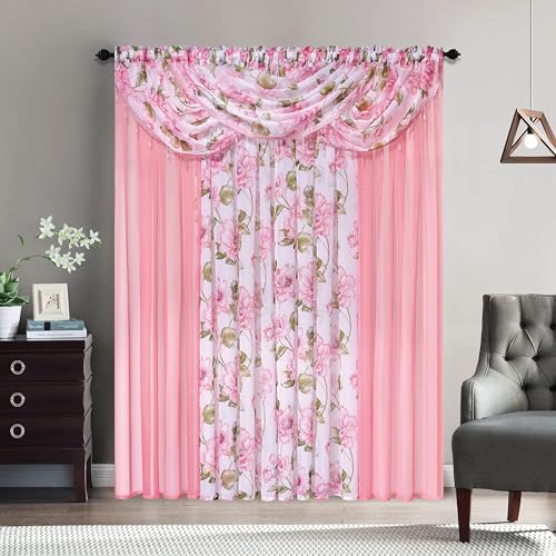 Sapphire Home Floral Sheer Curtains - Multicolor Flower 4 Panels Set with Valances, 63" Long, Privacy Voile Window Curtains for Living Room, Bedroom, Kitchen, Dining Room - Sandy/Pink