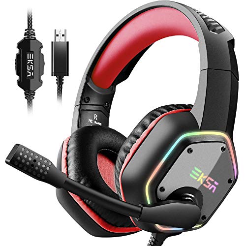 EKSA PC Headset mit Mikrofon, Gamer Headset Rot für PS5, 7.1 Surround Sound, RGB Kopfhörer mit Kabel, Noise