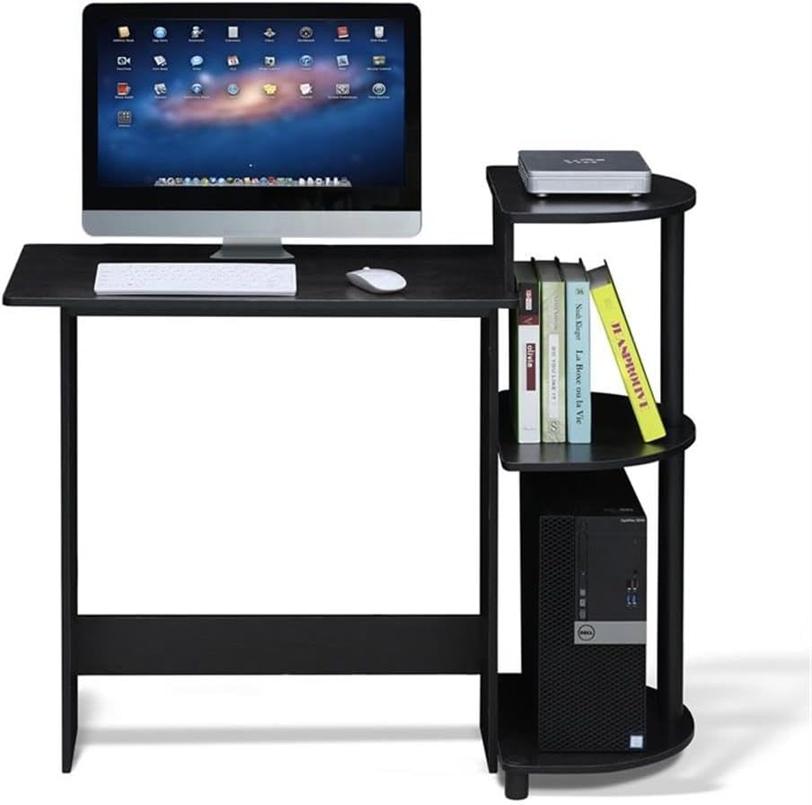 Pemberly Row Compact Computer Desk with Shelves, Engineered Wood, Americano Black Finish, 39" W x 15.6" D x 33.6" H, Space-Saving Design, Rounded Corners, Small Room Home Office Workstation