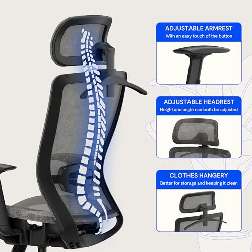 Image of FLEXISPOT OC3B Ergonomic Executive Mesh Office Chair Swivel Height Adjustable Seat Headrest Armrest Lumbar Support Caster Wheels Task Chair Gray Mesh Seat Computer Office Desk Chair (Gray)