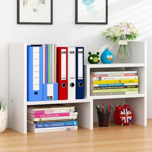 Image of Desktop Shelf Organizer, Adjustable Wood Office Storage Rack, Counter Display Small Bookshelf for Home /Office /School(White)