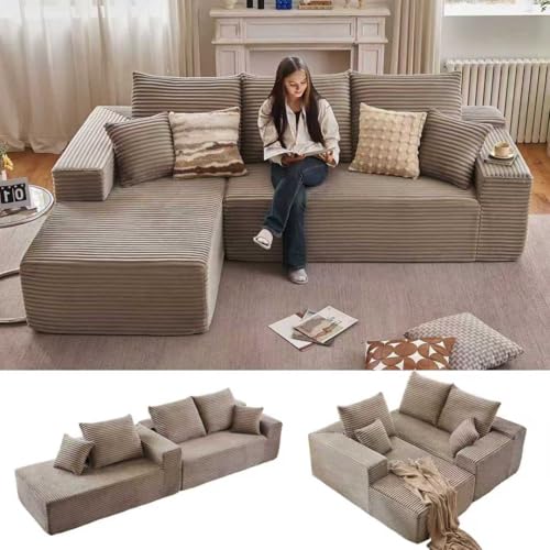 Image of 96 inch Modular Sectional Sofa, Modern Corduroy Cloud Couch with Deep Seat, Boneless Couch Upholstered 3-Seater L-Shaped Sofa for Living Room, No Assembly Required (Camel, Left-Facing Chaise)
