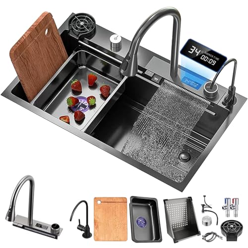 Évier De Cuisine En Cascade, Évier Gris Noir En Acier Inoxydable À Bol Unique, Évier De Cuisine Encastré Avec Écran Numérique Multifonctionnel Flying Rain (Color : Black-Grey, S : 68x46cm)