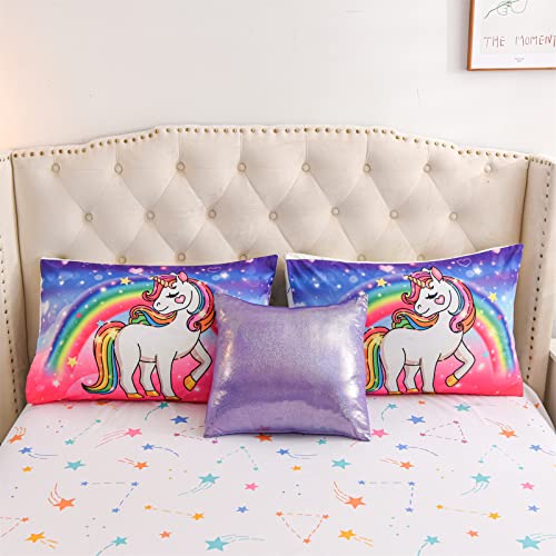 Aimuan Girls Unicorn Comforter Set 6 Pieces Pink Purple Bedding Set With Rainbow Star Galaxy Stars Fantasy Children Room Decor Soft Reversible Bed Sets For Boys/Girls/Teens (Pink-Purple Twin6Pcs) #TOP4