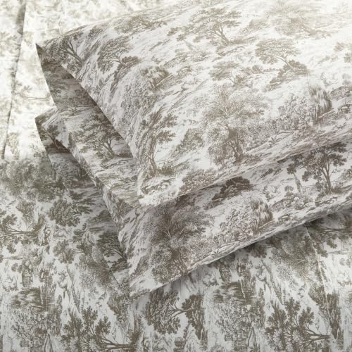 Image of Martha Stewart - Twin Sheet Set with Fitted Sheet & Pillowcase, Cotton Percale Bedding with a Smooth Feel, Deep Pocket, Amelie Toile Brown