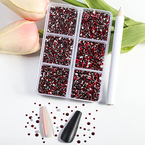 Beadsland 7200 Pcs Flatback Rhinestones for Nails,Dark Red Round Small Crystal Glass Rhinestones Gems for Crafts,Mixed 6 Sizes with Wax Pencil Kit,SS3-SS10,Dark Siam - Image 2