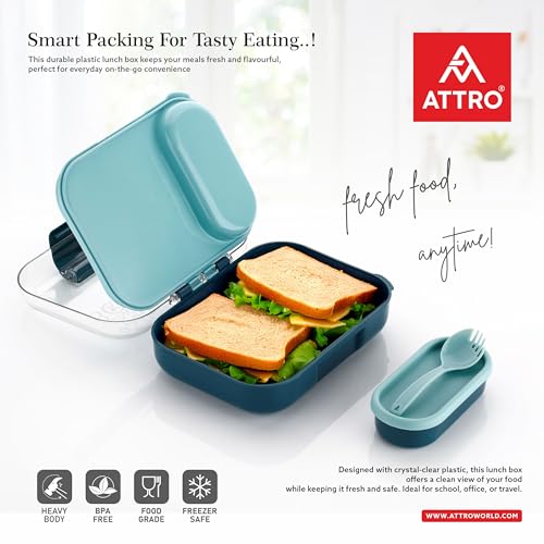 Image of ATTRO Food Bite Kids Plastic Lunch Box 3 Compartments, 1 Small Container & Spoon, with Stylish Lid BPA-Free, Freezer Safe, Ideal for School, Travel & Outdoor - Blue, 500 ml