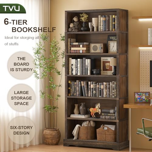 Image of TVU 6-Tier Wooden Book Shelf, Floor-Standing Display Bookcase, 77.2 inch H x 31.5 inch W x 11 inch D Bookshelf, Farmhouse Style Book Case with Arched Base, Suitable for Living Room, Study, Office, Walnut