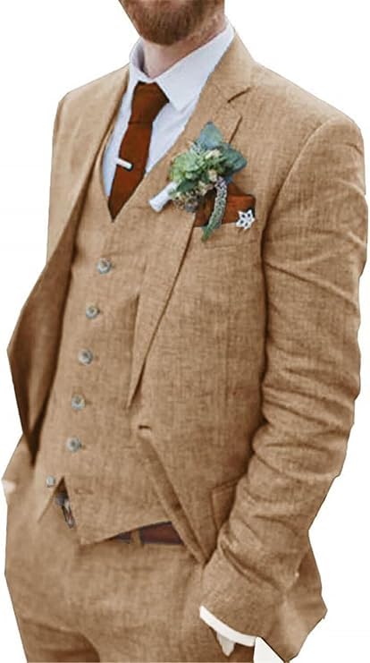 Retro Linen Mens Suits Beach Wedding Suit Summer Slim Fit 3 Pieces Light Weight Linen Jacket Vest Pant Tuxedo