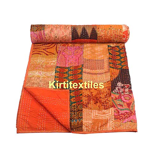 Image of Silk Hand Made Design Kantha Quilt Blanket, Bed Cover, Bedspread (Size 90 inch X 108 inch) - Multicolour