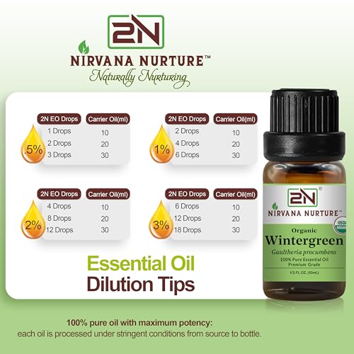 Nirvana Nurture Wintergreen Essential Oil, USDA Certified Organic, 100% Pure Undiluted, Aromatherapy Oil for Diffuser, Hair & Skin Care