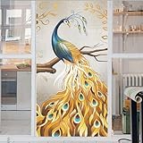 Pavo Real Dorado Pájaro Vinilos para Ventanas Privacidad para Cristales Opaco, Lamina Ventana Estático Anti UV Autoadhesivo Decorativo para Puertas Cristal Bano Cocina 50x80cm
