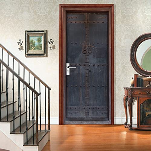 Póster Decorativo Pegatinas De Puerta 77x200 cm Textura de hierro negro Autoadhesivo Papel Pintado Puerta Mural Retro Extraíble Vinilo 3D Impermeable Pegatinas Decorativas