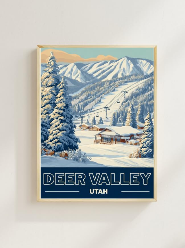Ski Town Deer Valley Utah Wall Art  Vintage 1950s Ski Resort Typography Poster with Alpine Slopes, Cozy Lodges & Retro Serif Lettering (16 × 24 in
