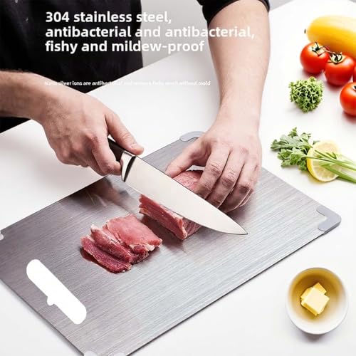 Tablas de corte de acero inoxidable para cocina, tabla de corte de titanio con protectores de esquina de silicona y pies antideslizantes para cortar carne, frutas y verduras en casa (34,0 cm x 23,0 cm) miniatura 3