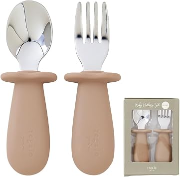 Regalo SUS316L Stainless Steel Baby Cutlery Set for Babies, Baby Eating Yourself, Easy to Grip, Practice, 10 Months and Up, Baby Cutlery Set Ash Brown