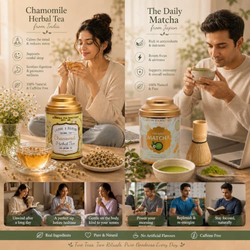 Image of Sancha Tea Boutique, Combo Pack, Chamomile Herbal (50g Loose Leaf) & Japanese Matcha Green Powder (Daily Matcha 50g), Caffeine Free Tisane + Antioxidant Rich Green