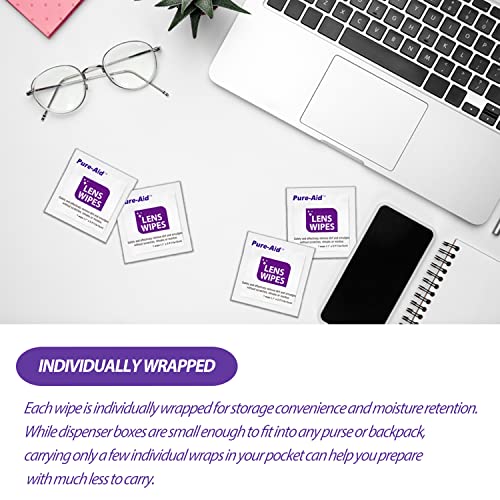 Pure-Aid Lens Wipes, Cleans Eyeglasses, Camera Lenses, Smart Phones And More - 100Ct (Individually Wrapped Wipes) Per Pack (1Pk) Stocking Stuffers Gift #TOP3