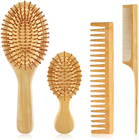 EKONAER 4 PCS Bamboo Hair Brush Set With Natural Wooden Wide-tooth and Tail Comb Big and Mini Paddle Detangling Hairbrush for Women men kids and Baby Thick Thin Curly Straight Dry