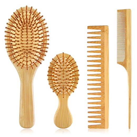 EKONAER 4 PCS Bamboo Hair Brush Set With Natural Wooden Wide-tooth and Tail Comb Big and Mini Paddle Detangling Hairbrush for Women men kids and Baby Thick Thin Curly Straight Dry