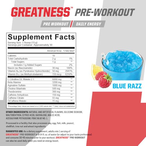 Image of Undefined Nutrition Greatness Pre-Workout by Brian Shaw (30 Servings) - 6 g Citrulline Malate & 3.2 g Beta Alanine for Better Pumps, Energy, Focus and Strength for Men & Women (15.9 Oz, Blue Razz)