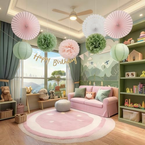 Image of EASY JOY Sage Green and Pink Party Decorations Green Birthday Decorations Sage Tissue Pom Poms Paper Lanterns White Paper Fans (11pcs) for Women Girls Birthday Wedding Bridal Shower Baby Shower