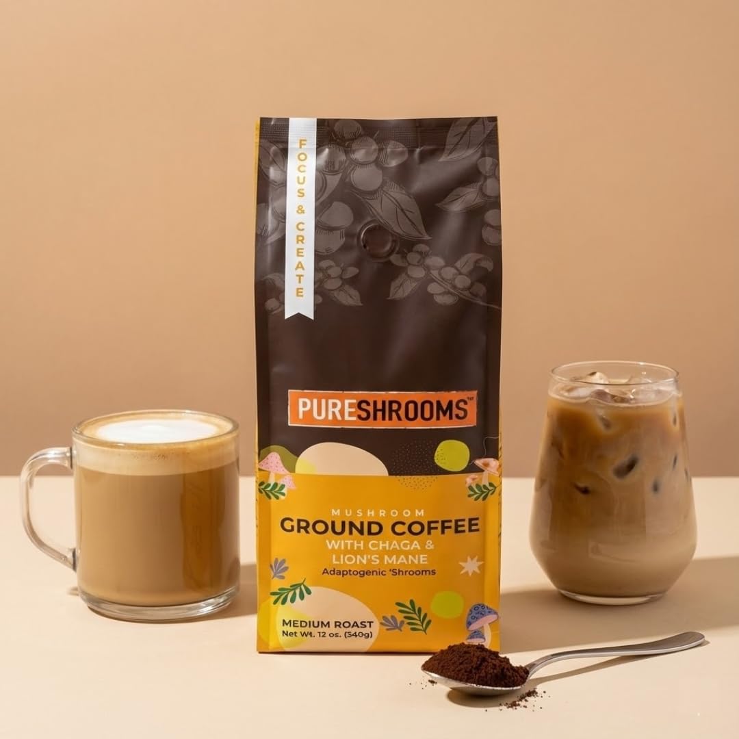 PureShrooms Focus & Create Mushroom Coffee – Ground Arabica Blend with Organic Lion's Mane & Chaga for Enhanced Focus, Memory, and Immune Support – 340g