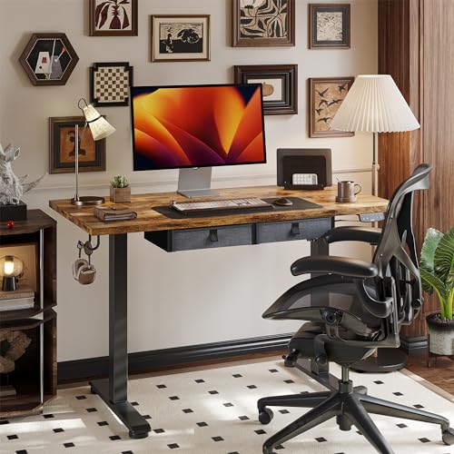 Image of Agilestic Electric Standing Desk with Drawers, 55 x 24 Inches Height Adjustable Desk, Stand up Computer Table with Memory Preset, for Work Office Home, Dark Brown