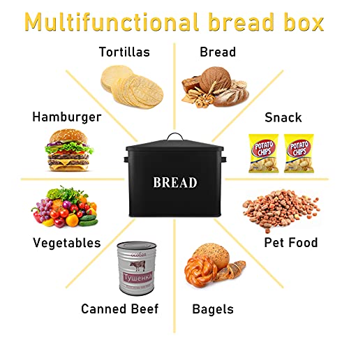 P&P Chef Extra Large Black Bread Box With Lid, Metal Bread Storage Container For Farmhouse Kitchen Countertop, 13.1” X 11.81” X 7.2” Inches For Holding 2+ Loaves, Indoor & Outdoor Use #TOP3