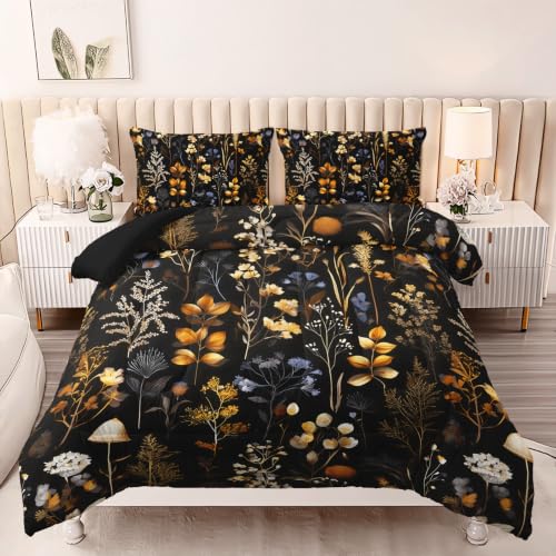 Image of AILONEN Midnight Meadow Full Comforter Set 3 Piece, Amber Floral Bedding, Cream Branch Garden Pattern, Teen Room, 2 Pillowcases