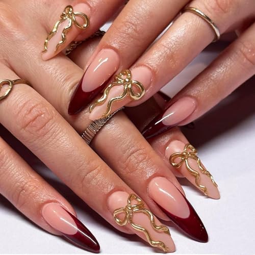 Image of Red French Tip Press on Nails Bow Fake Nails Long Stiletto False Nails with Design 3D Gold Bowknot Glue on Nails Glossy Artificial Acrylic Nail Full Cover Nude Stick on Nails for Women Manicure 24Pcs