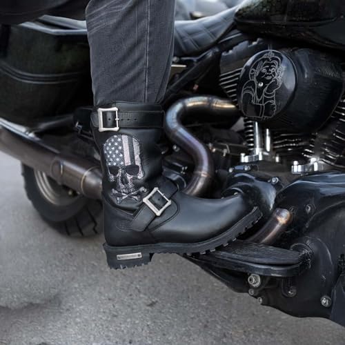 Hot Leathers BTM1018 Men’s Black Tall Harness Flag Skull Boot with Round Toe - 92