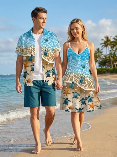 Image of DRESSFO Couple Matching Hawaiian Outfits Gothic Print V Neck Spaghetti Strap Dress or Roll Up Sleeve Shirts Outfit