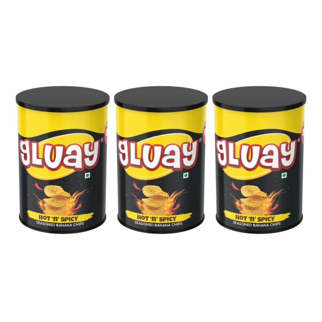 GLUAY Crispy Chips Pack of 3 | Hot ’n Spicy Crispy Snack | Crunchy Snack for Movies, Games & More | On-the-Go Can | Pack of 3 x 45g