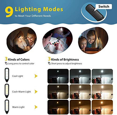Rechargeable Book Light up to 60 Hours Reading, TOPELEK 7 LED Reading Light with 3 Brightness x 3 Color Temperature, Easy Clip On Reading Lamp for Night Reading in Bed for Bookworms, Kids - Thumbnail 6