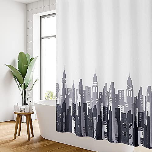 DUFU Cortina de Ducha Tejida de Poliéster Cortina de Baño Estampada Impermeable Lavable a Máquina, Cortina con 12 Ganchos, para Dormitorio / Familia / Apartamento / Hotel - Blanco y Negro Cover