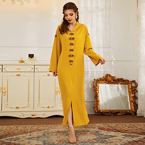 Polyjolly Handmade Bead Abaya For Women Dubai Saudi Moroccan Yellow Jalabiya Dress With Hood M #TOP1