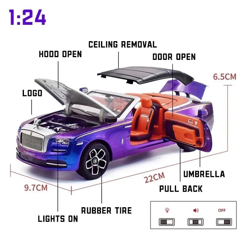 Image of 1:24 Scale Big Size Rolls Royce Dawn Car Model Toy Car | Metal Pullback Diecast Car for Kids with Openable Doors, Sound, Light Effects Toy for Car (Color As Per Available),blue