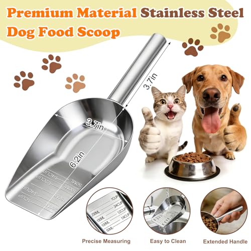 Mity rain Dog Food Scoop Stainless Steel with Long Handle, Precise Dog Food Measuring Cup 1, 3/4, 1/2, 1/4 Cup, Pet Scoop for Dogs, Cats, Rabbits, Animals, Metal Spoon for Dog Food Storage - Thumbnail 3